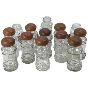 Glass Spice Jars Apothecary Bottles Faux Wood Grain Lid Set of 10 +4 Extra READ